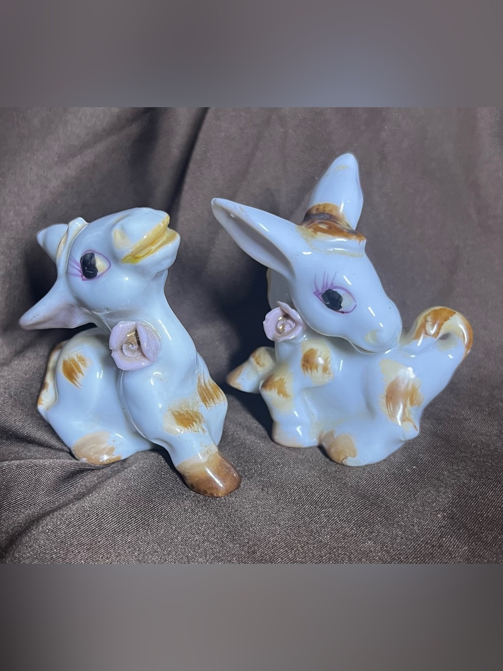 Vintage White And Brown Donkey Porcelain Anthropomorphic Figurine Japan Lot of 2